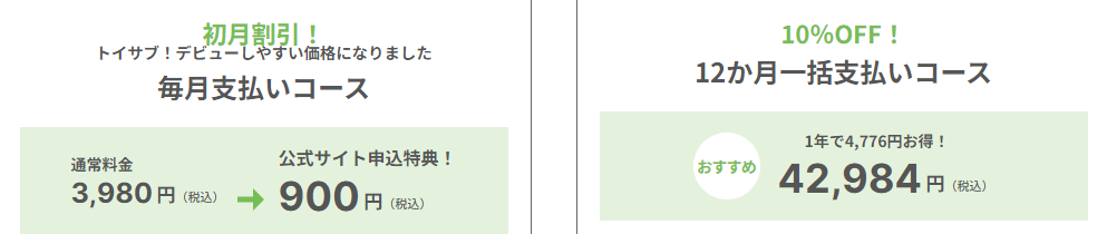 トイサブキャンペーンで初月77％＆12ヶ月コースで10％OFF