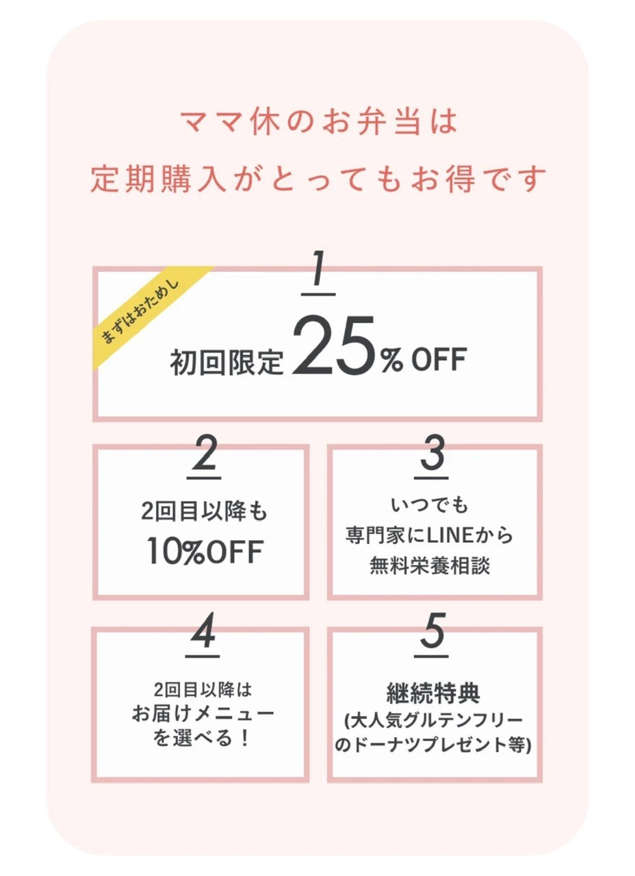 ママの休食定期便購入で初回限定25％OFF、2回目以降もずっと10％OFFでお得！