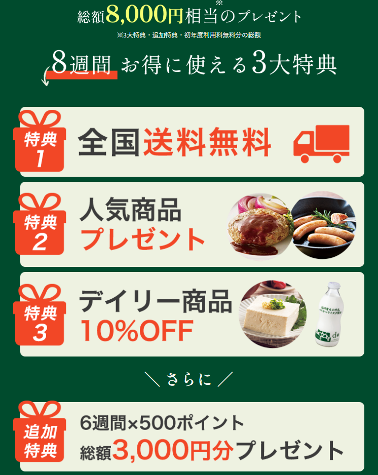 定期ボックスで送料無料・毎週1品・デイリー商品10％割引・総額3,000円分のプレゼント