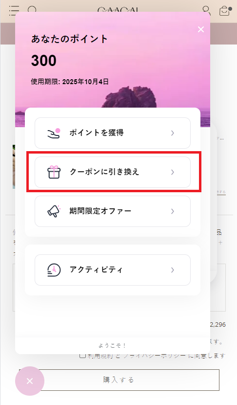 GAACALポイントでクーポンに交換する方法その2：「クーポンに引き換え」選択